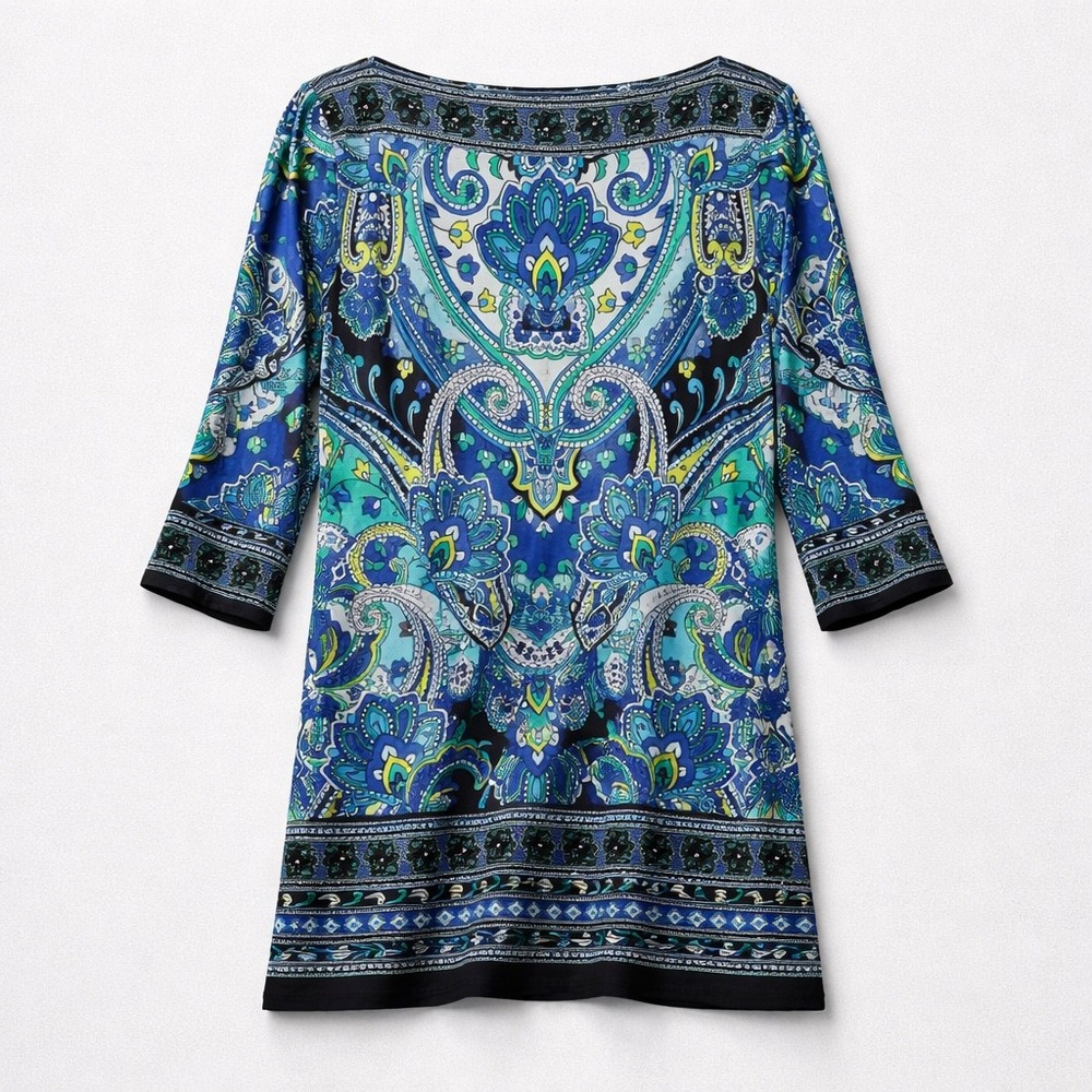 Sandra Darren Women Blue Green Paisley Print Boat  3/4 Sleeve Sheath Dress 6 256 - Picture 2 of 5